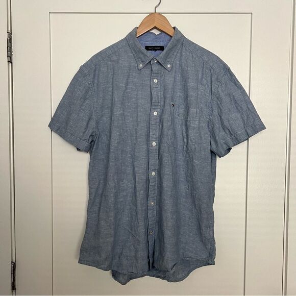Tommy Hilfiger Shirt Mens Size XL Blue Button Down Short Sleeve Linen Blend - Picture 1 of 13
